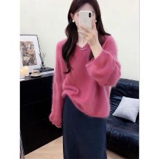 批发有货粉色套头v领毛衣女秋<b class='q'>冬</b>新款外穿慵懒风软糯加厚针织衫上衣