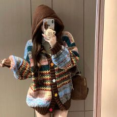 批发有货女装2025秋<b class='q'>冬</b>新款微胖设计感撞色连帽针织开衫慵懒风毛衣外套