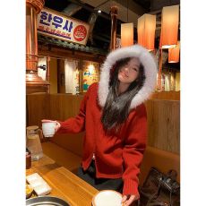 批发新款红色毛领针织开衫女外套秋冬韩系新款氛围感连帽上衣潮