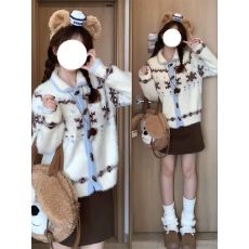 批发白色费尔岛水貂绒翻领针织毛衣<b class='q'>女</b>秋冬冬季加厚牛角扣<b class='q'>开衫</b>外套上衣