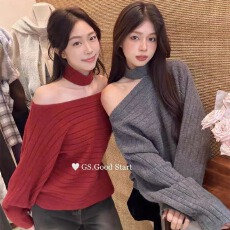 韩系蝙蝠袖一字领脖套毛衣女秋冬气质显瘦百搭针织斜肩针织衫上衣