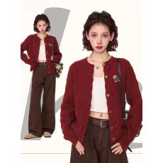 批发蕾朵红色腊肠狗麻花毛衣<b class='q'>开衫</b>女秋冬季内搭加厚<b class='q'>针织</b>衫外套上衣