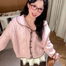 韩系学院风粉色针织开衫毛衣外套女秋冬季2025新款巨好看超火上衣