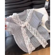 批发[] 夏季新款韩版圆领短袖针织上衣+蕾丝披肩叠穿显瘦两件套