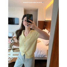 批发黄色娃娃领薄款短袖针织开衫女春夏新款羊毛T恤