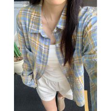 批发韩国<b class='q'>外贸</b>代购新款时尚休闲宽松百搭大码 格子<b class='q'>衬衫</b>女春秋季新款