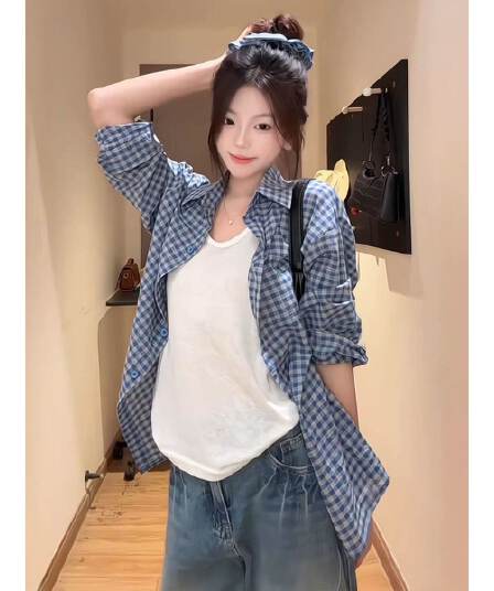 벨트 머리카락 서클 격자 무늬 셔츠 여성 코트 여름 2026 새로운 달콤함 루즈핏 캐주얼 안감