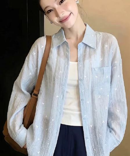 얇은 스타일 꽃무늬 셔츠 여름 루즈핏 긴팔 느긋한 캐주얼 셔츠 오픈 가디건 여성 의류