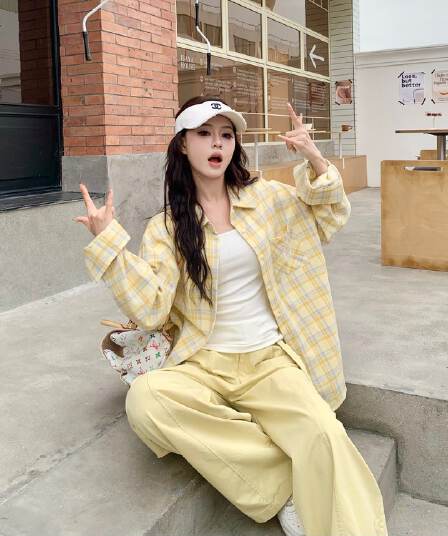 황색 연삭 털 체크무늬 자외선 차단 여성 셔츠 봄 여름 느긋한 바람 프랑스식 긴팔 셔츠 재킷