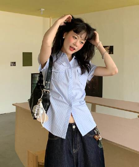 한 부서 연령 감소 긍정적 인 어깨 스트라이프 몸매 가꾸기 polo 여름 달콤함 새로운 반팔 디자인 셔츠 파란색 맨위 얇은 스타일