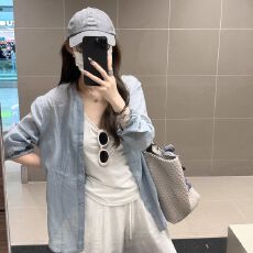批发老钱风松弛感蓝色亚麻防晒衬衫女夏轻薄穿搭休闲复古衬衣苎麻上衣