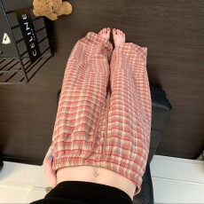 批发<b class='q'>甜美</b>深粉格纹韩系夏季新款居家休闲遛弯裤少女凉感透气宽松阔腿裤