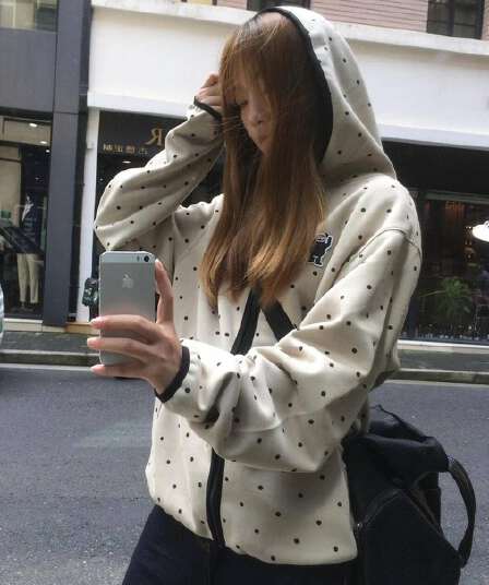 가을로 필수 배색 지퍼 한 부서 도트 무늬 후드 오픈 가디건 맨위 여성 루즈핏 캐주얼 후드티 재킷
