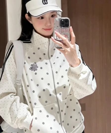 한 부서 도트 무늬 여성 코트 가을 새로운 oversize 작은 대중 스탠드 칼라 루즈핏 야구 유니폼 캐주얼 운동 재킷