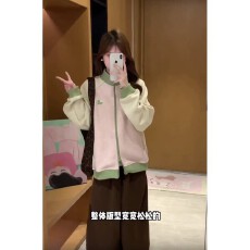 批发美式撞色立领双拉链插肩袖开衫<b class='q'>外套</b>女秋冬夹克学院风运动情侣<b class='q'>卫衣</b>