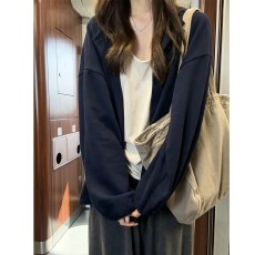 批发藏青色连帽拉链卫衣<b class='q'>女</b>春秋2026<b class='q'>新款</b>慵懒宽松休闲<b class='q'>外套</b>显瘦长袖上衣