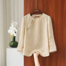2026新中式提花上衣钉珠斜襟蕾丝刺绣袖口圆领七分袖气质国风衬衫