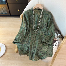 批发时尚宽松苎麻衬衫女2026年夏季新款印花款灯笼袖休闲百搭宽松上衣