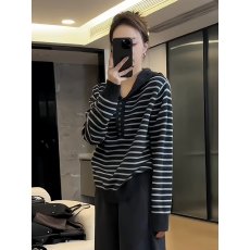 批发韩版休闲风连帽条纹长袖<b class='q'>针织衫</b>女秋冬2025新款慵懒感百搭打底上衣