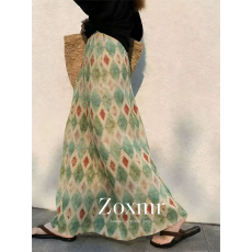 批发波西米亚海边度假风绿色印花半身裙女2026<b class='q'>春</b>垂坠感大摆型宽松裙子