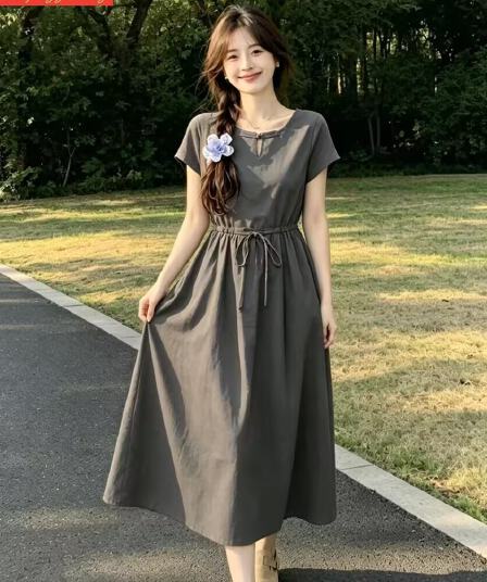 면 린넨 여성 드레스 여름 2026 년 새로운 여성 의류 반팔 슬림해 보이는 올해 인기 중간 길이 폭발 치마