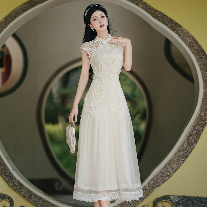 RY3139# 新款实拍 新中式国风珠袖改良旗袍重工盘花拼雪纺礼服长裙+4...