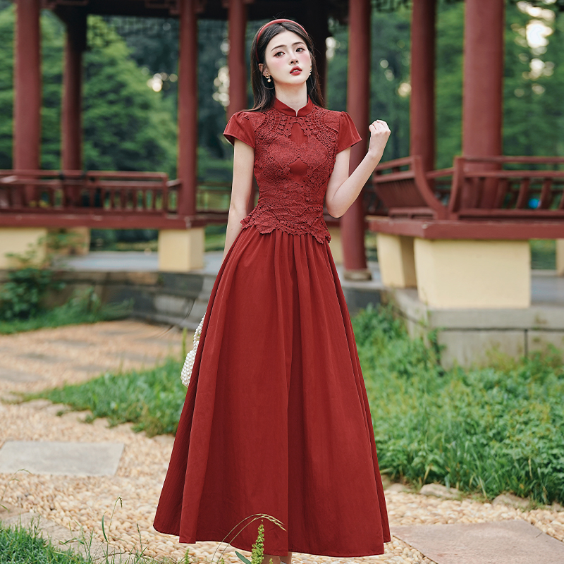 RY3138# 新款实拍 新中式国风连衣裙订婚红色礼服蕾丝拼接敬酒服