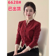 批发新中式国风女装红色蕾丝边拼接<b class='q'>丝绒</b>上衣25冬新款显瘦内搭气质外套