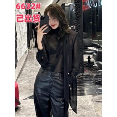 批发韩系黑色透视飘带长袖挂脖衬衫<b class='q'>女</b>秋季宽松复古显瘦高级感气质上衣