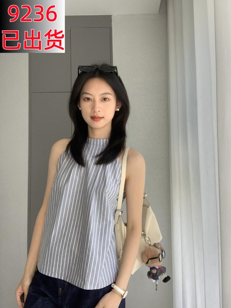 한국 스타일 레트로 디자인 센스 스트라이프 행침 목 조끼 여성 여름 외국 가스 패션 캐주얼 어깨 슬립 맨위 ins