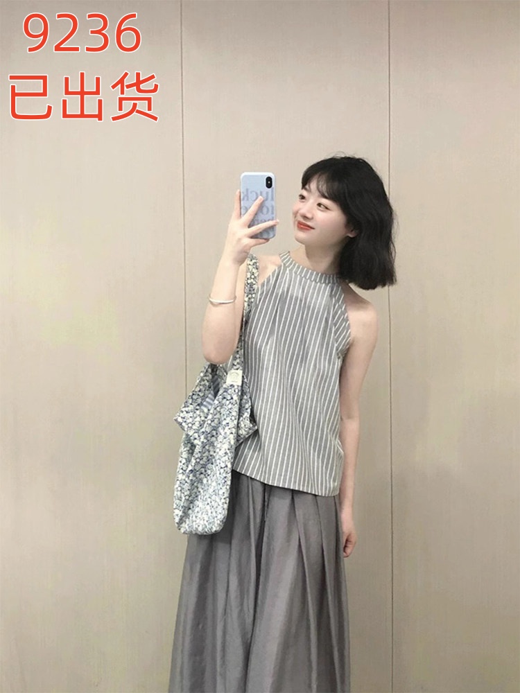 일본식 레트로 작은 대중 오프숄더 행침 목 캐미솔 여름 외국 가스 Chic 루즈핏 캐주얼 스트라이프 민소매 맨위