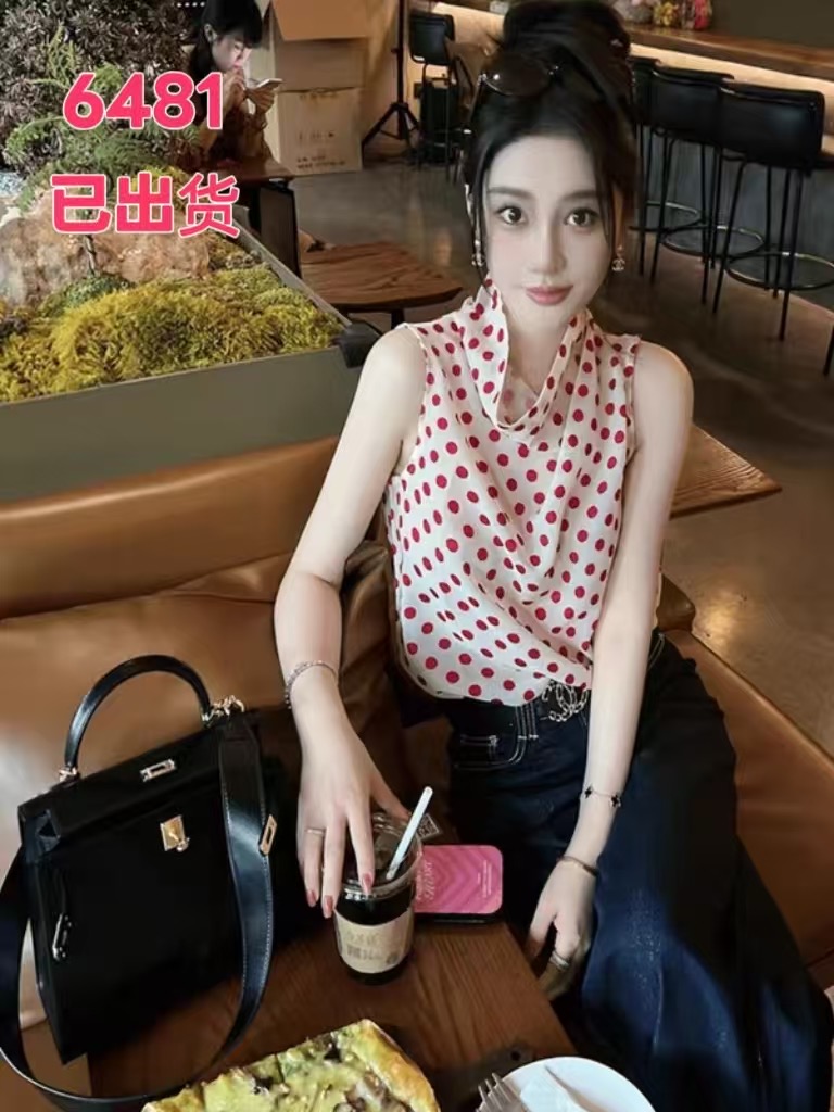 프랑스식 도트 무늬 프린트 말뚝 더미 칼라 쉬폰 블라우스 조끼 맨위 여성 여름 디자인 센스 고유 한 Chic 민소매 작은 셔츠