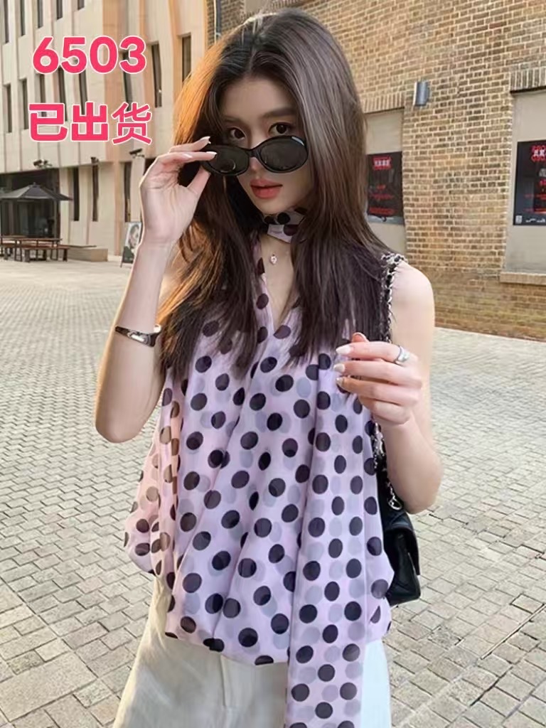 프랑스식 도트 무늬 쉬폰 민소매 여성 셔츠 여름 얇은 스타일 몸매 가꾸기 레트로 연령 감소 외국 가스 작은 셔츠 리본 Chic 맨위