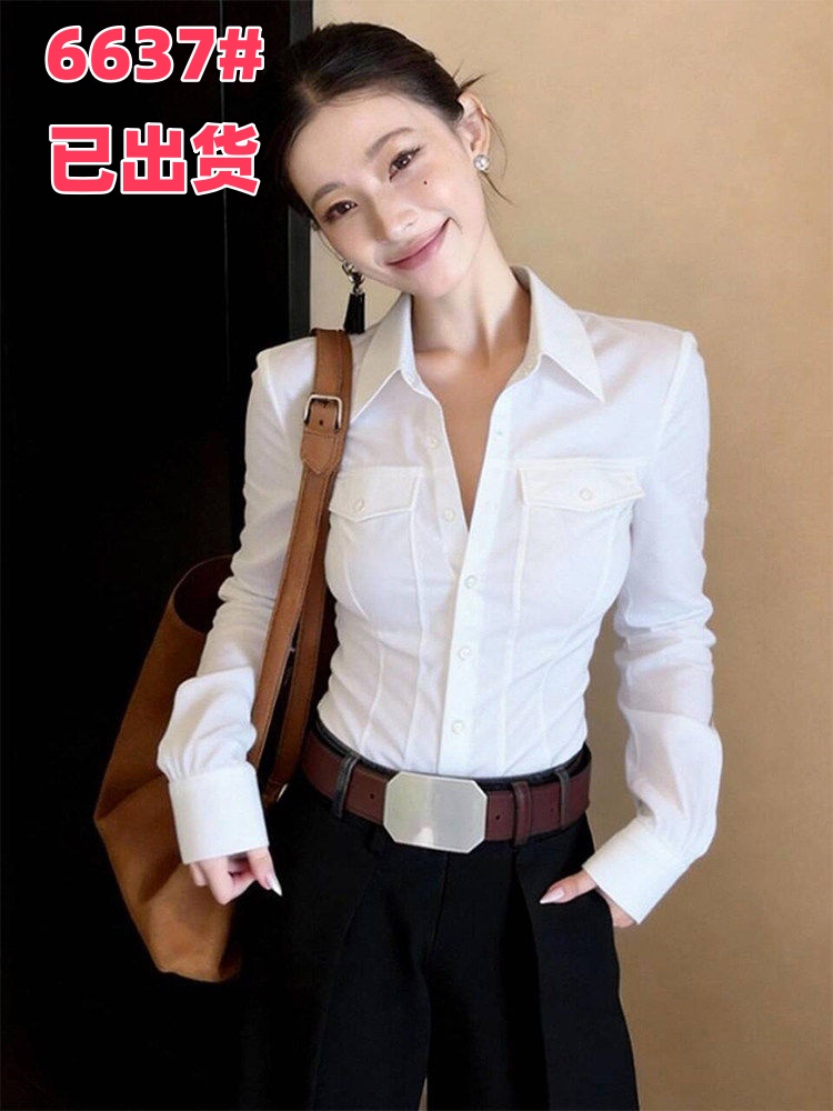 프랑스식 품격 화이트 폴로 칼라 긴팔 여성 셔츠 봄 몸매 가꾸기 디자인 센스 작은 대중 출퇴근 경력 셔츠 맨위