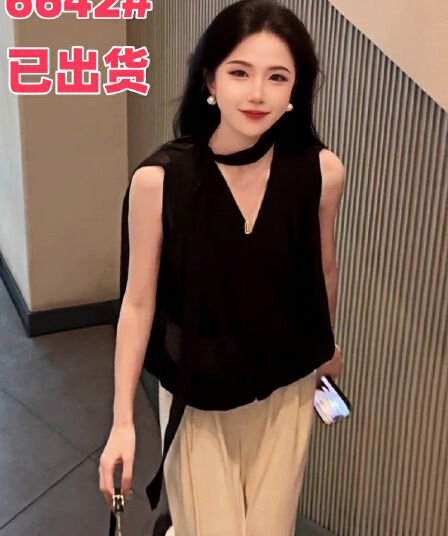 여름 폭발 새로운 프랑스식 고급 센스 품격 V넥 리본 민소매 맨위 인사이드 가져 가라. 투피스 조끼 여성 의류