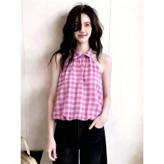 批发韩系复古格纹挂脖无袖上衣女2026夏季新款显瘦<b class='q'>甜美</b>减龄设计感背心