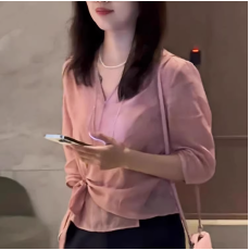 批发法式温柔风不规则绑带中袖<b class='q'>衬衣</b>女2025夏季款洋气减龄宽松上衣小衫