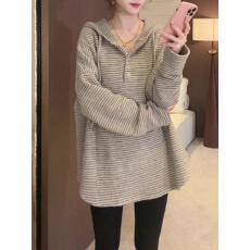 批发中长款条纹连帽卫衣外套女装秋<b class='q'>冬</b>季2025新款遮屁股上衣打底衫女士