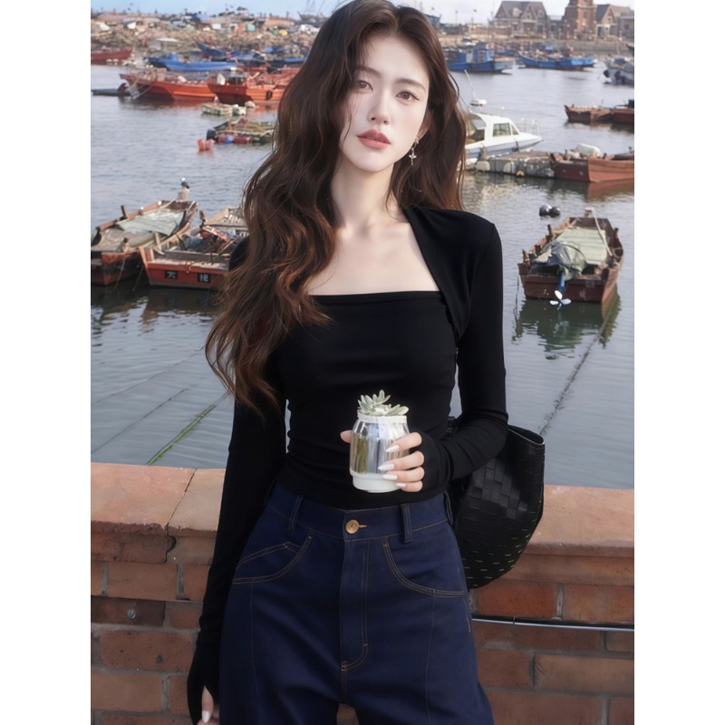 아메리칸 핫걸 커피 색상 광장 칼라 긴팔 티셔츠 여성 가을 겨울철 디자인 센스 몸매 가꾸기 인사이드 가져 가라. 기본 셔츠 쇼트 스타일 맨위