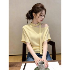 批发设计感斜领系带短袖t恤女夏季2026新款时尚露肩收腰修身百搭上衣