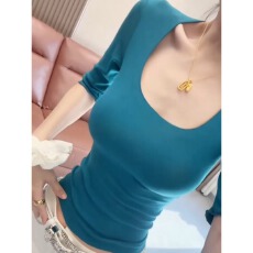 批发今年流行爆款法式极简风U领五分<b class='q'>袖</b>T恤女2026夏季新款修身显瘦<b class='q'>上衣</b>