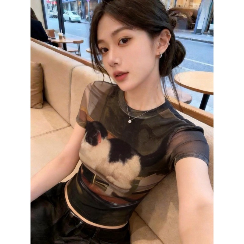 아메리칸 레트로 새끼 고양이 프린트 반팔 티셔츠 여성 여름 핫걸 착용 가져 가라. 슈퍼 잘 생긴 고유 한 몸매 가꾸기 쇼트 스타일 맨위