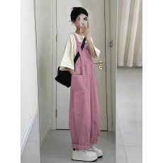 批发今年流行爆款玫红色<b class='q'>背带裤</b>2026夏季新款设计感宽松慵懒风<b class='q'>长裤</b>套装