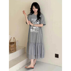 批发卡通印花拼接T恤裙女欧洲站2025年夏季新款韩版宽松显瘦休闲裙潮