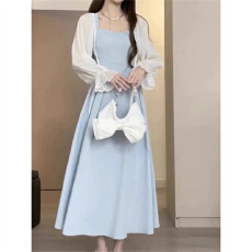 批发连衣裙套装夏季新款多巴胺奶系穿搭一整套大码胖MM显瘦绑带两件套