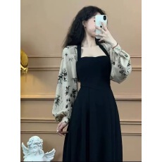 批发大码<b class='q'>女装</b>春秋新款茶歇法式赫本风小黑裙胖妹妹收腰显瘦遮肚连衣裙