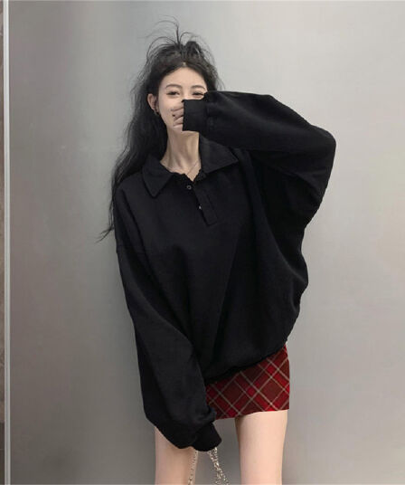 가을 겨울 새로운 2025 패션 세트 POLO 칼라 루즈핏 털이 있는 후드티 슬림해 보이는 체크무늬 반신 스커트 두 조각 여성 세트