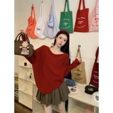 批发2025慵懒风蝙蝠袖针织衫女斜肩长袖上衣<b class='q'>宽松</b>套头毛衣两件套