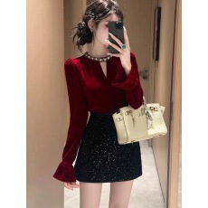 批发贵气感千金气质女神范重要场合高端精致红色丝绒衬衫连衣裙套装冬