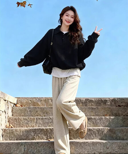 자이언트 잘 생긴 ~ 중 가을 겨울 한 부서 착용 가져 가라. 전체 집합 마이크로 지방 mm 느긋한 바람 POLO 칼라 후드티 바지 두 조각 여성 세트